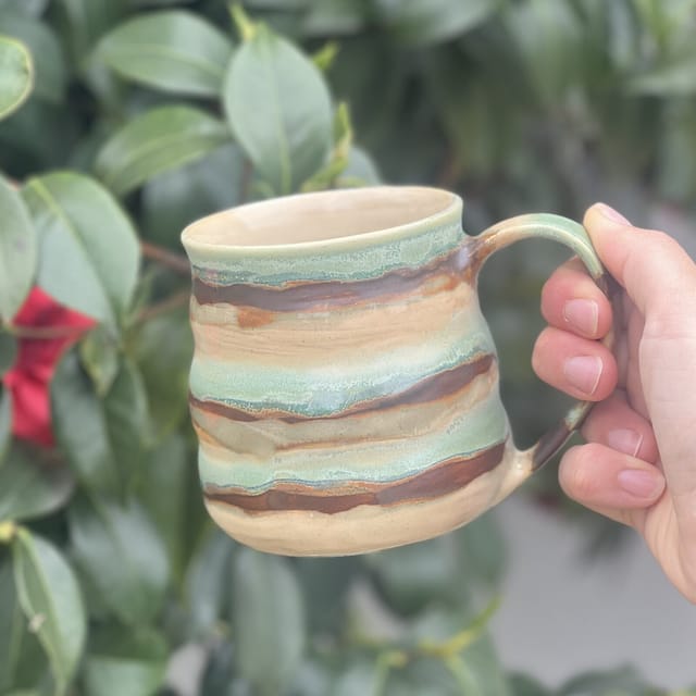 Canyon Stripe Mug — Hand-banded stripes in sand, teal and rust — a little canyon in your hands