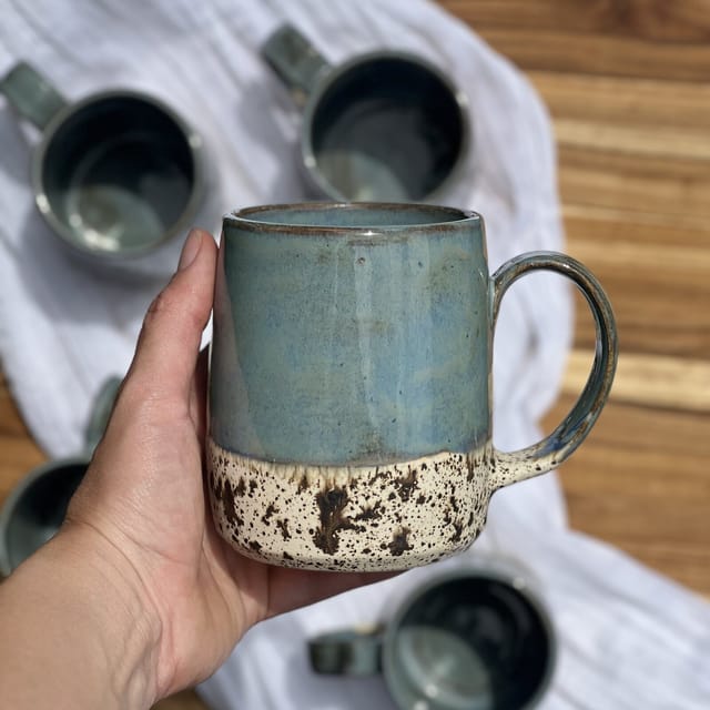 Blue Hour Mug — Dusky blue mug with a raw speckled foot — made in a small batch of three